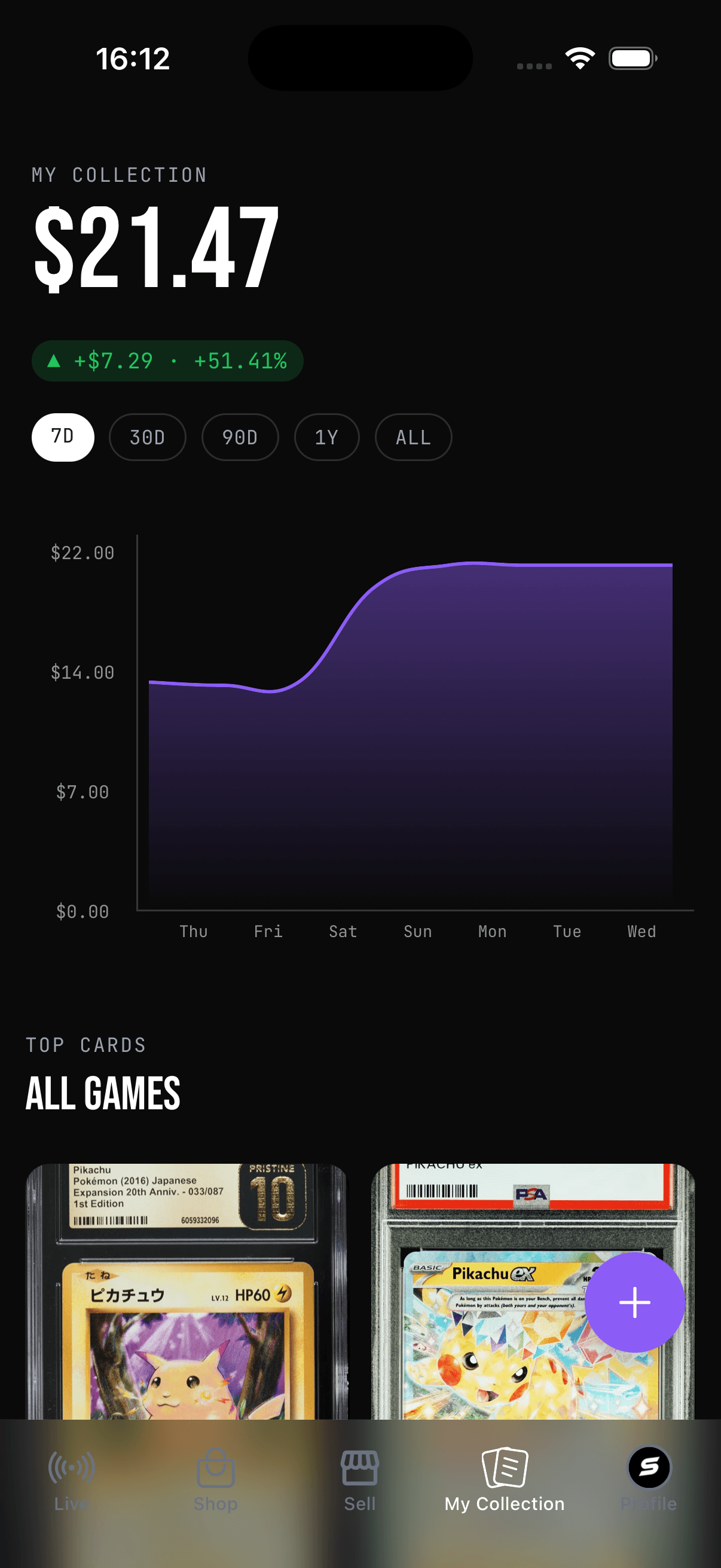 Snag My Collection dashboard showing total value and 7-day chart