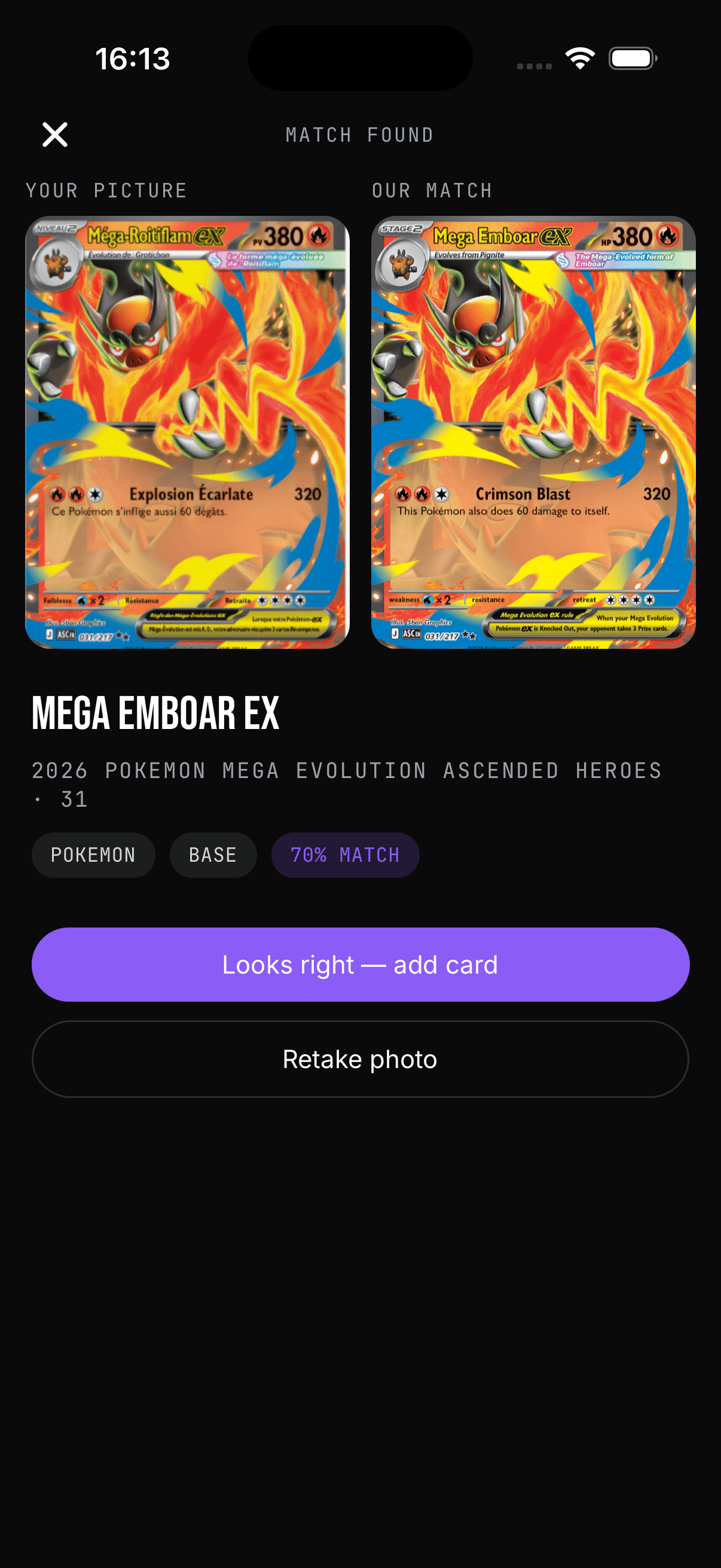 Snag in-app card scanner with viewfinder over a Pokémon card